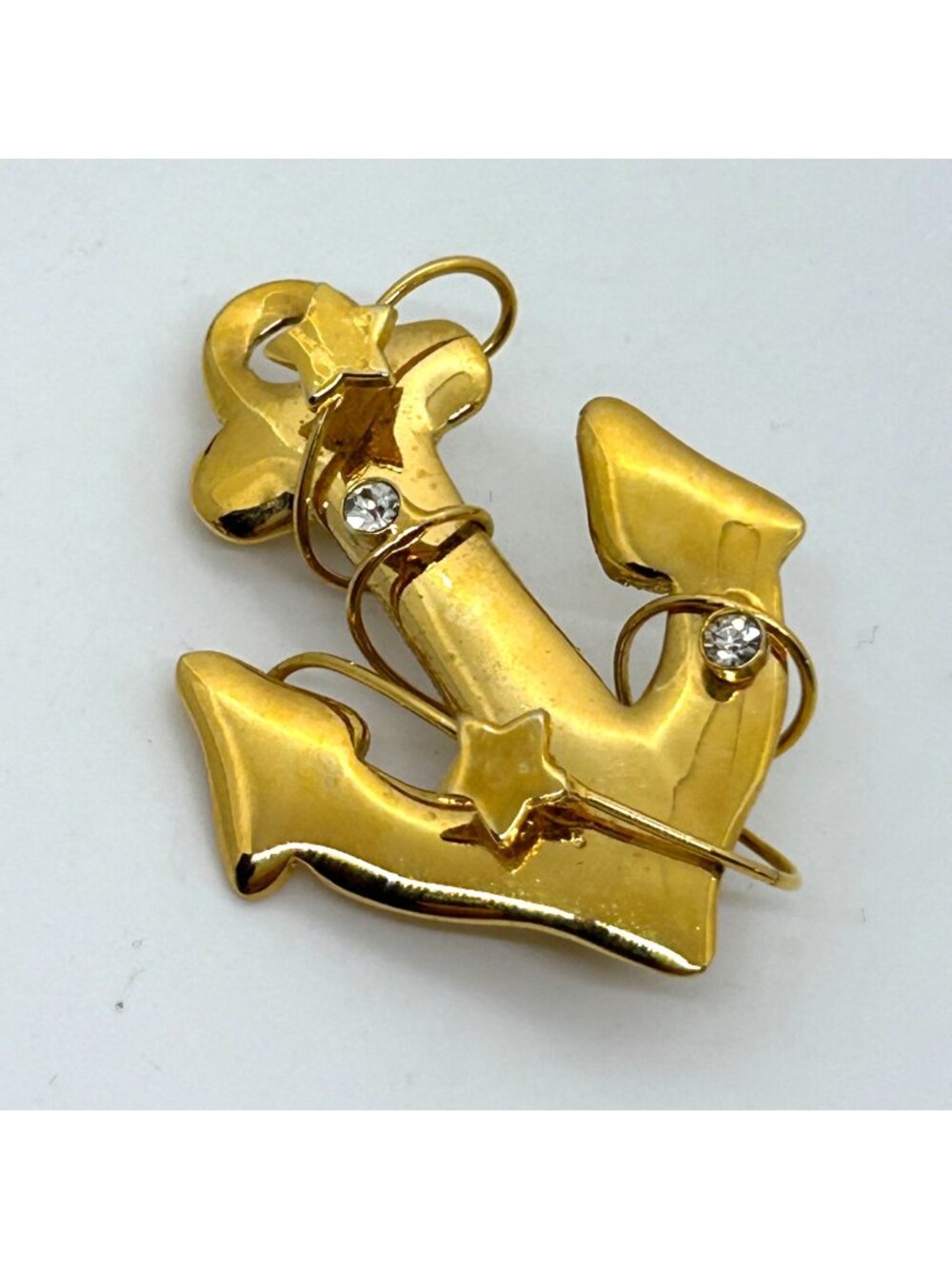 Nautical Anchor Pin Star Celestial Rhinestone Gold Tone Marine Brooch Wire Wrap